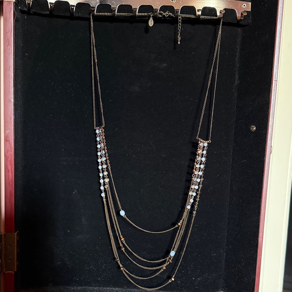 Multi-Strand Gold-Tone Necklace with Light Blue Beads